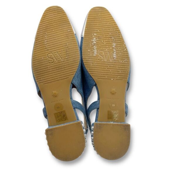 Stuart Weitzman Denim Pearl Slingback Flats Size 6 Silver Cap Toe Made in Spain - Picture 14 of 15